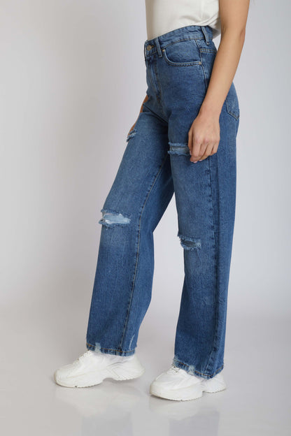 ripped wide-leg jeans - mid blue